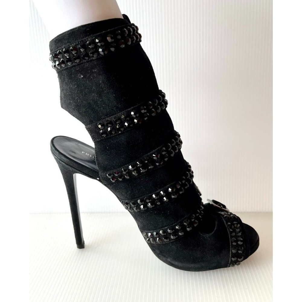 Philipp Plein Black Suede Strappy Bejeweled Booties Heels, Size 11 (US) 41 (EU)